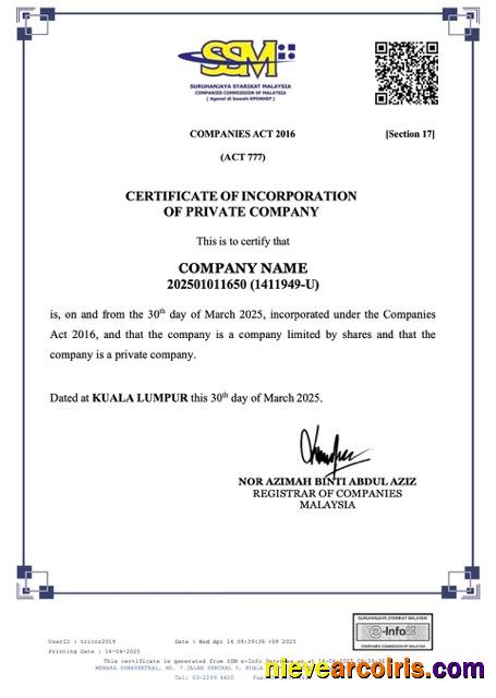 Malaysia certificate of incorporation of private company 